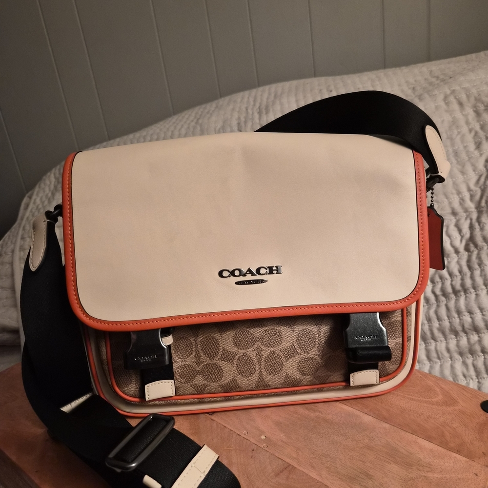 Coach Men's Cream and Brown Messenger Bag